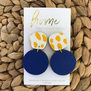 Recycled Navy, White & Mustard Leopard Cheetah Animal print circle Dangles | Queensland Sustainable Market