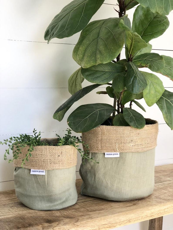 Pot Plant Covers (Olive linen and hessian reversible) | Queensland Sustainable Market